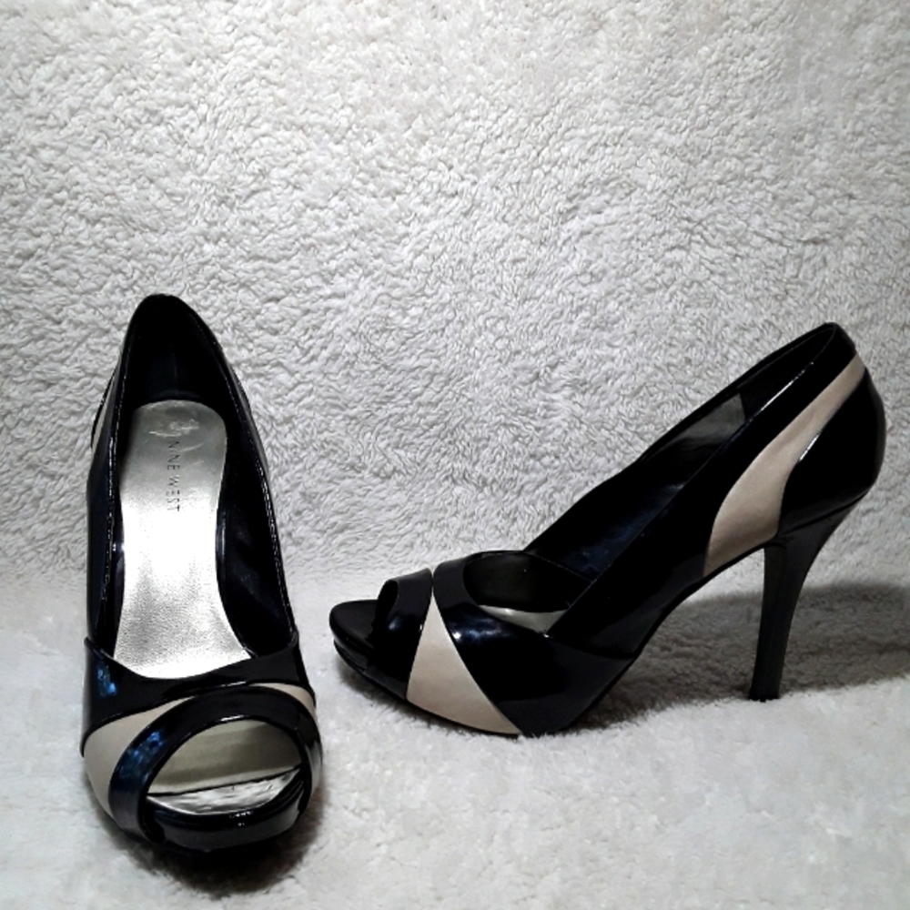 Nine West Leather Black/Beige Peep Toe Pumps Sz7.5